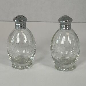 Vintage Clear crackle glass salt pepper shakers‎ Silver tone tops set 2